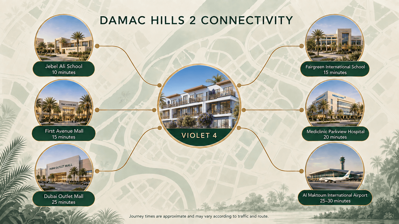 Violet 4 connectivity to schools, shopping, healthcare and Al Maktoum Airport