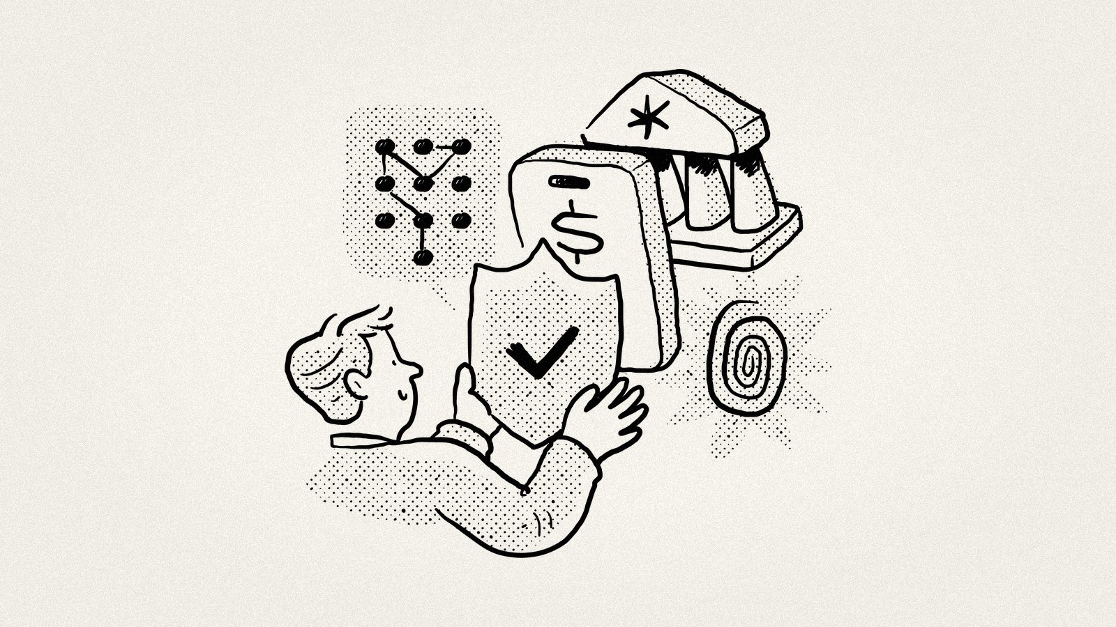 A figure holding a protective shield marked with a checkmark amid security patterns – the Internet Archive's defences holding firm after a sustained DDoS assault