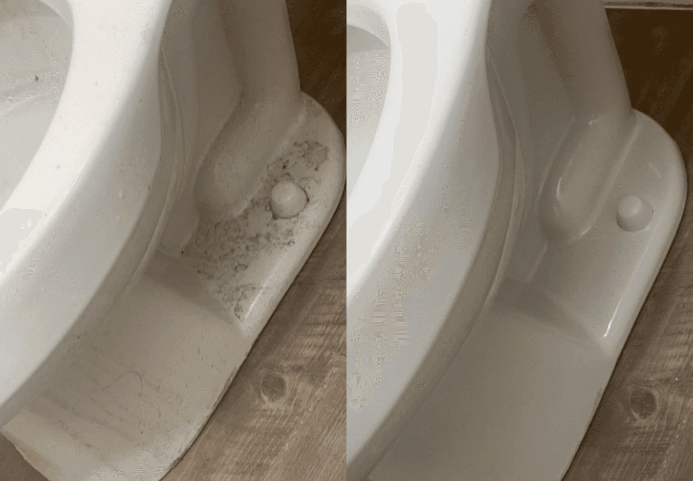 Before and after of a professional deep clean reaching a hard spot on a toilet.