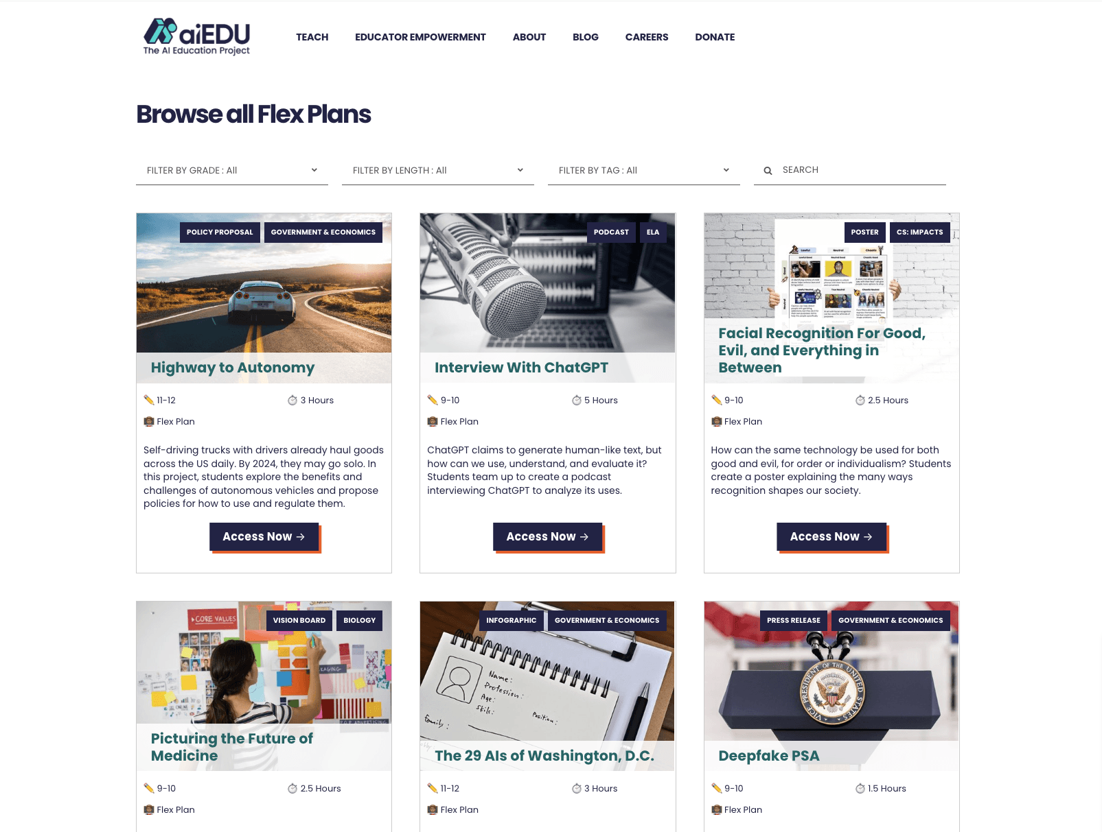 aiEDU website browse page showing AI lesson plans including Highway to Autonomy, Interview with ChatGPT, and Facial Recognition — filterable by grade and length