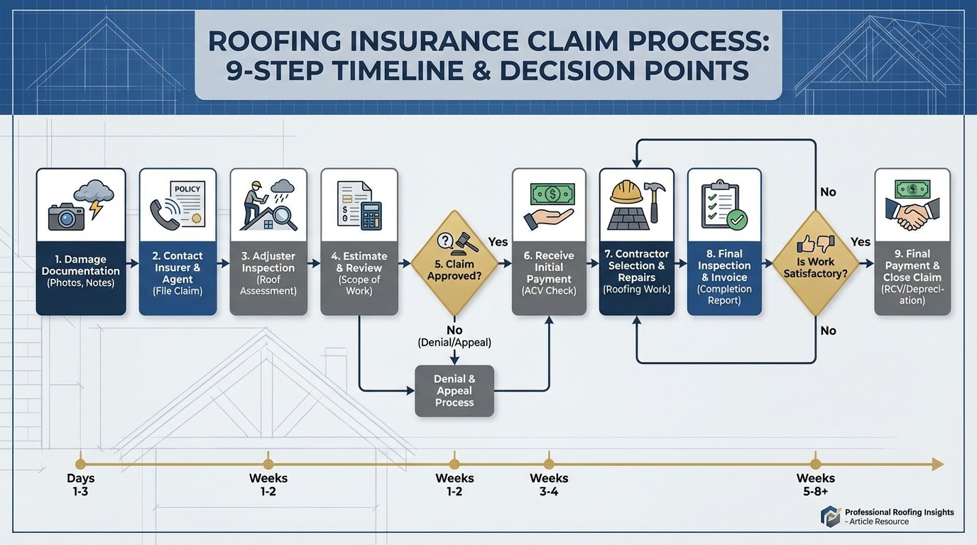 Roof insurance claim process flowchart showing 9 steps and 30-45 day timeline