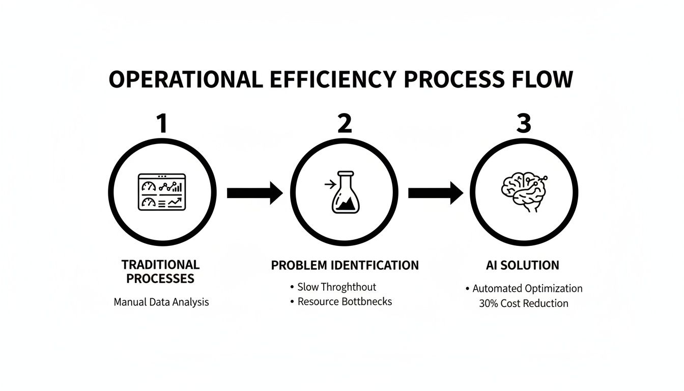 Flowchart showing how AI improves operational efficiency by identifying problems and automating optimization.