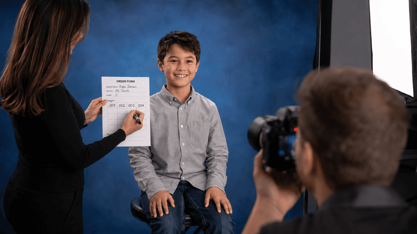 Photography assistant holding a printed student order form and manually recording image numbers during school picture day while a student poses for a portrait in front of a blue backdrop, illustrating a traditional paper-based school photography workflow.
