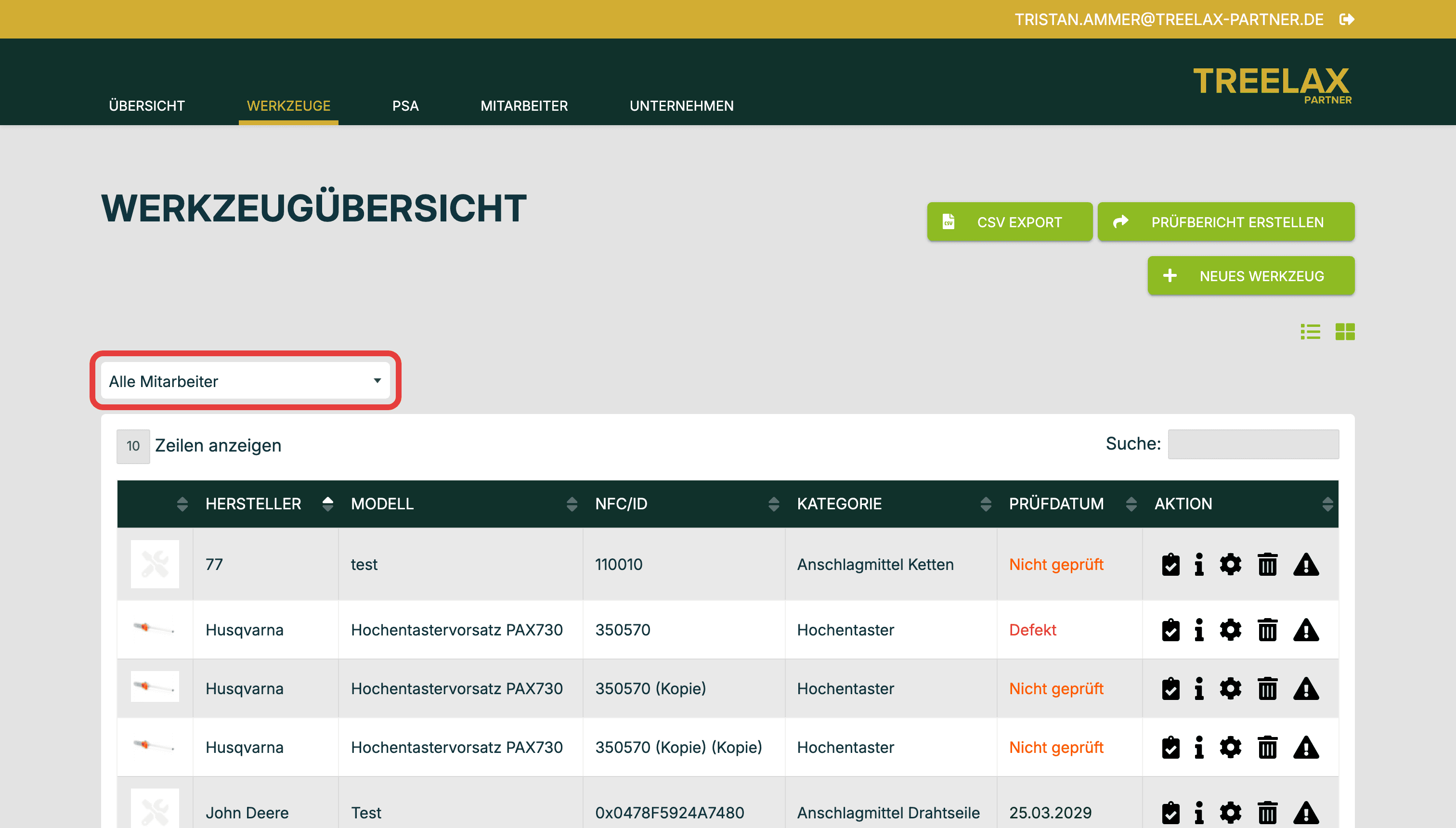 Der Filter über der Liste zeigt nur die Ausrüstung einer Person.