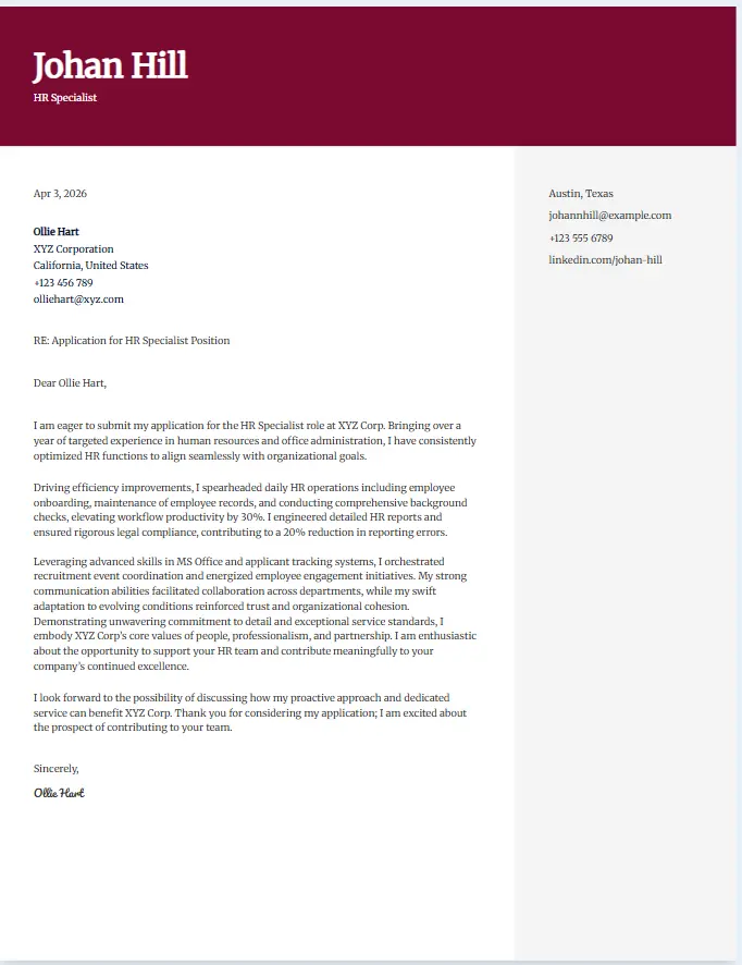 Sample cover letter for HR specialist