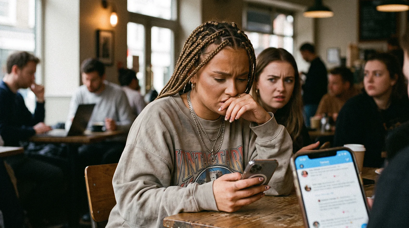 Woman with braids upset reading backlash comments about blackfishing influencer on phone in cafe - brand risk