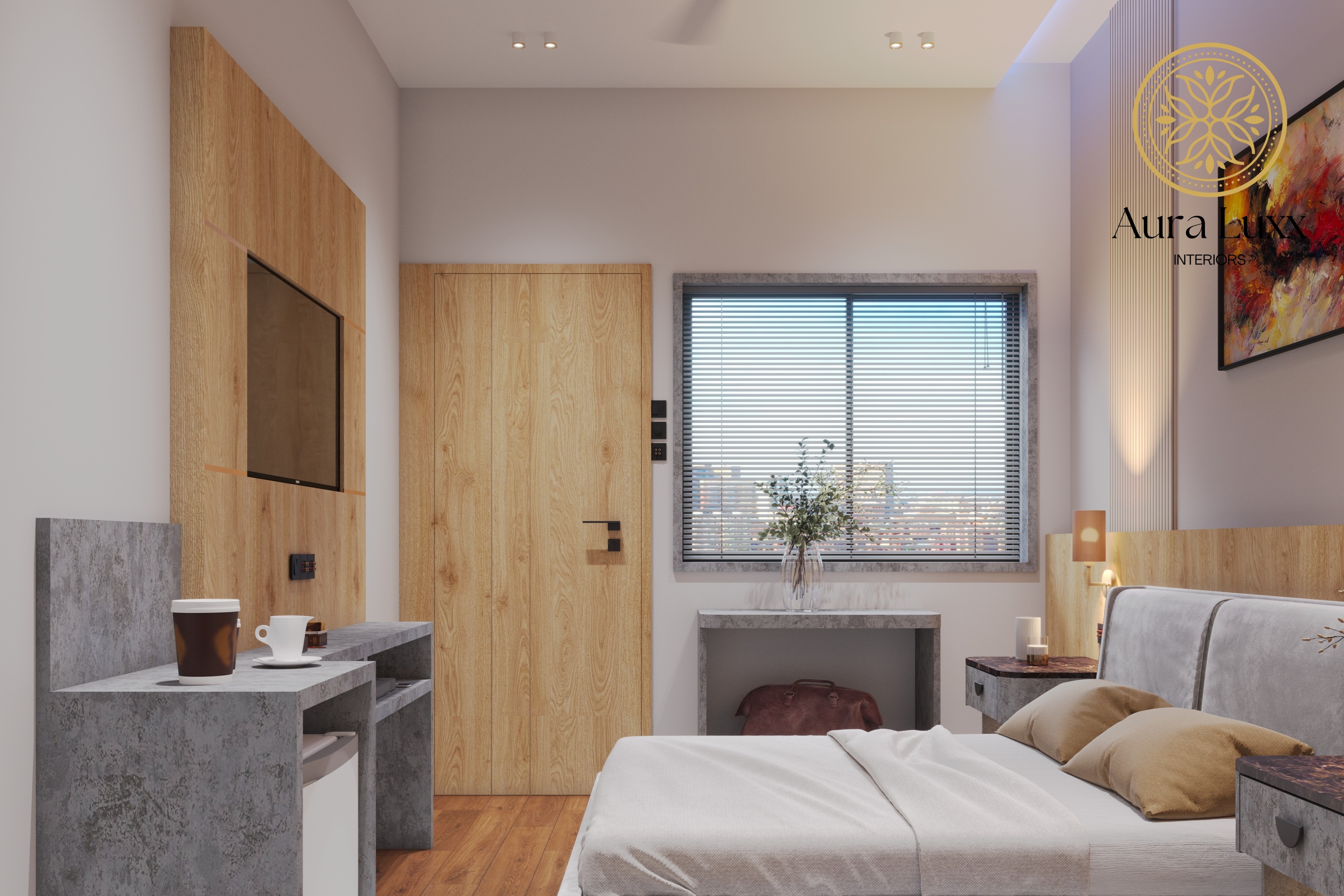 Side view of the hotel guest room showing the bed, window blinds, wood-toned entrance door and TV wall