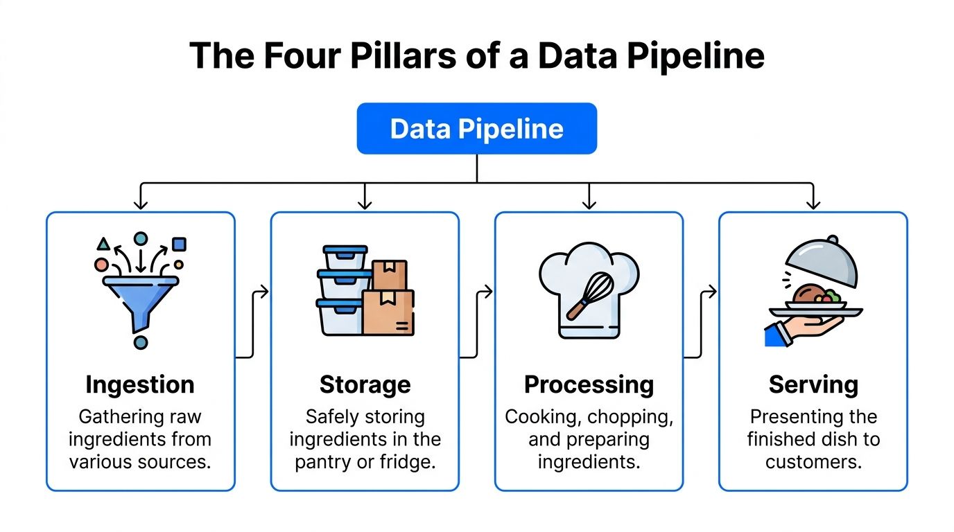 A diagram illustrating the four pillars of a data pipeline: ingestion, storage, processing, and serving.