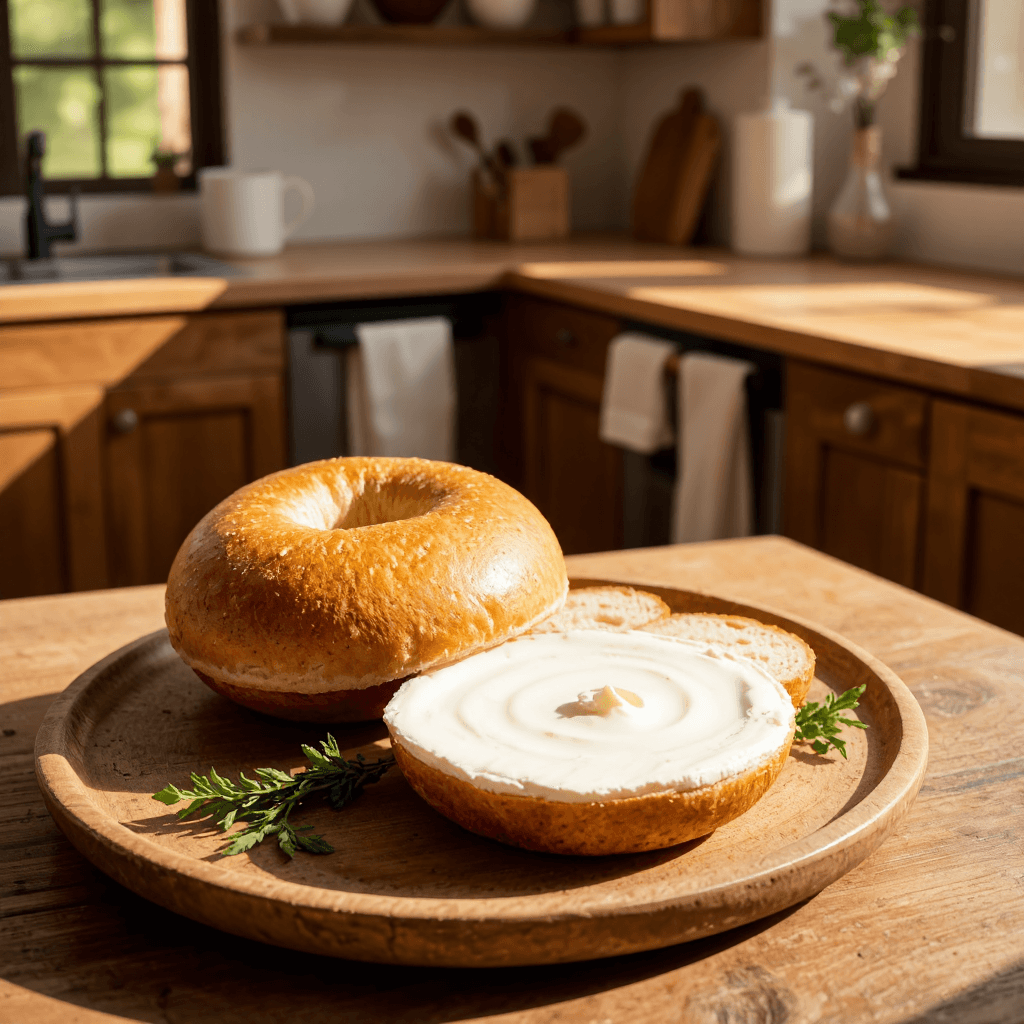 product photography of a plate of bagels with cream cheese