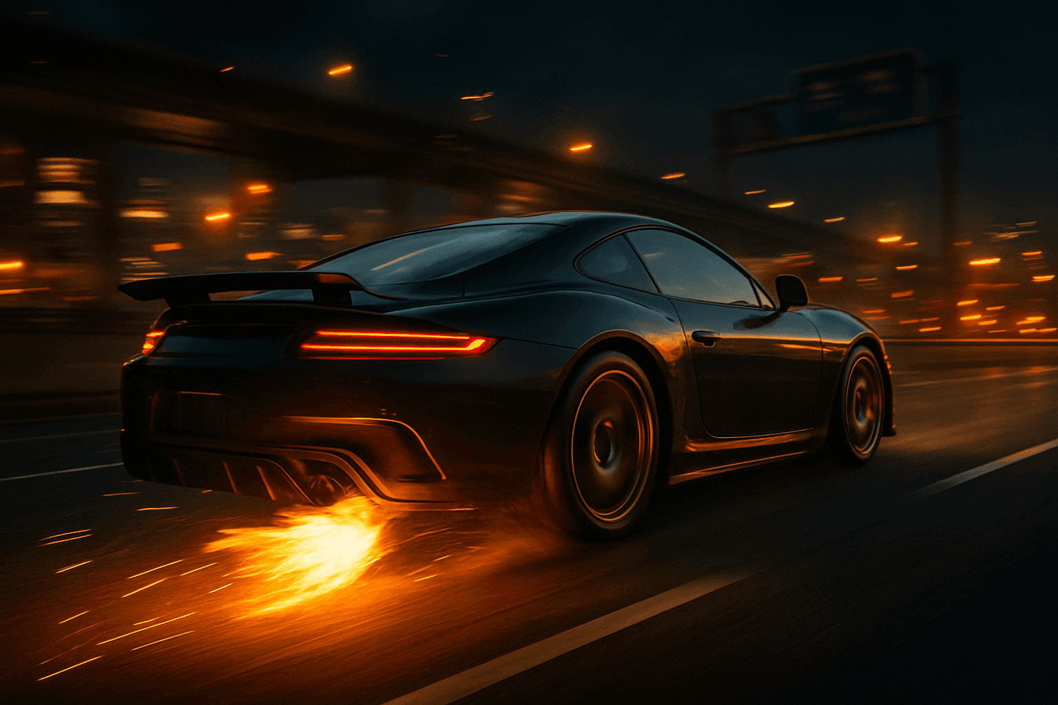 Sports car speeding down a city highway at night with flames coming from the exhaust, symbolising high velocity