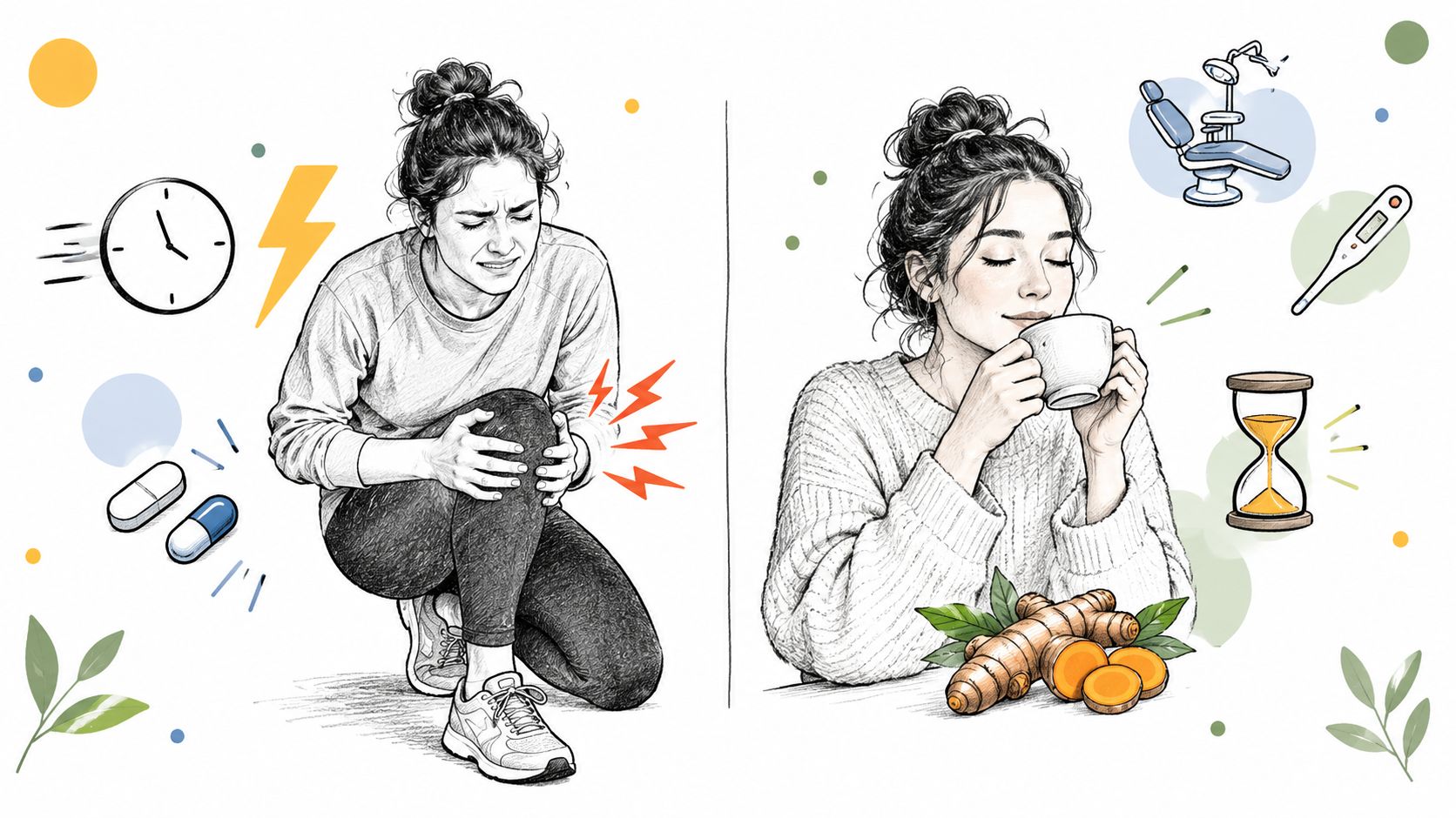 A split image comparing a woman in pain with pills versus a woman drinking turmeric tea for relief.