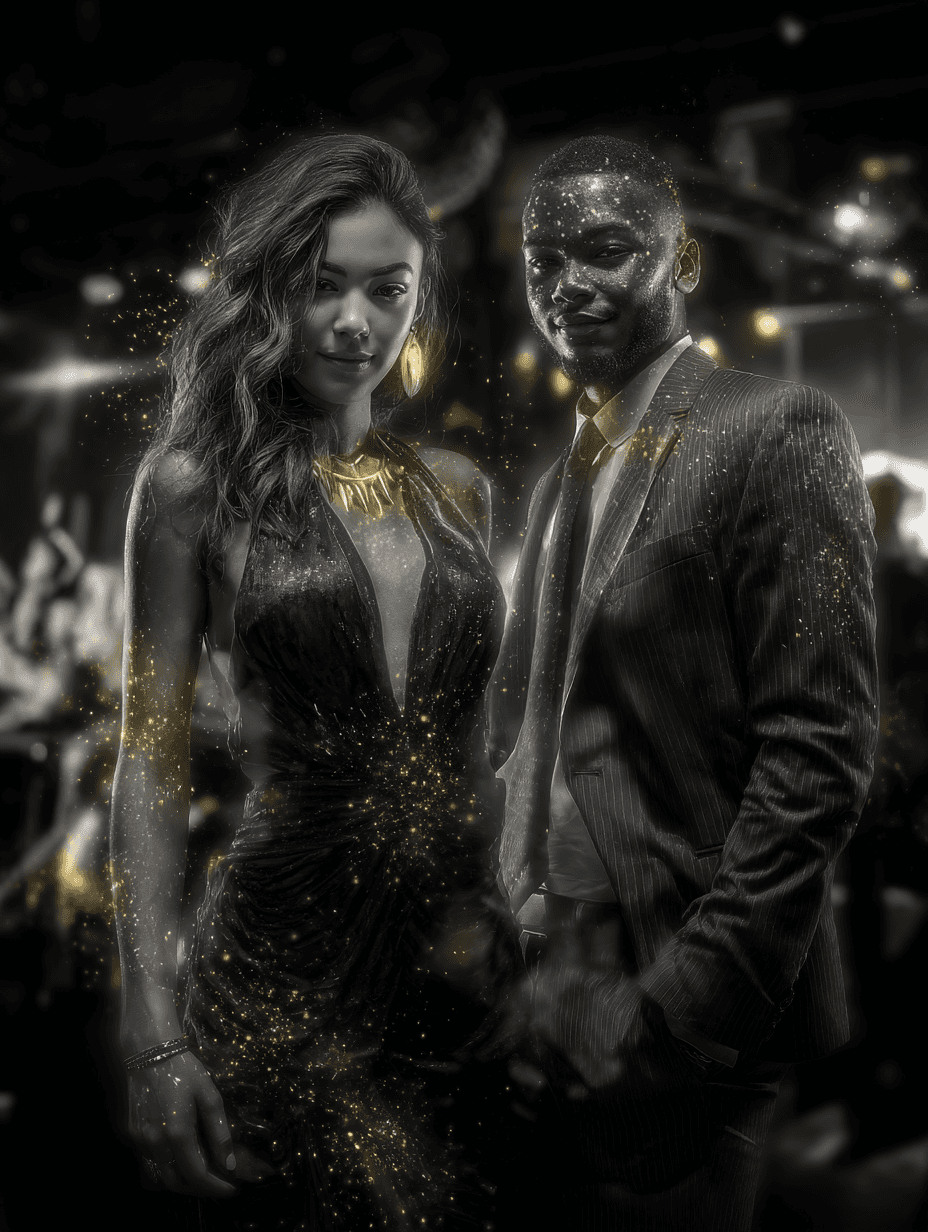 Two people with gold dust effects and moody lighting, editorial fashion photography