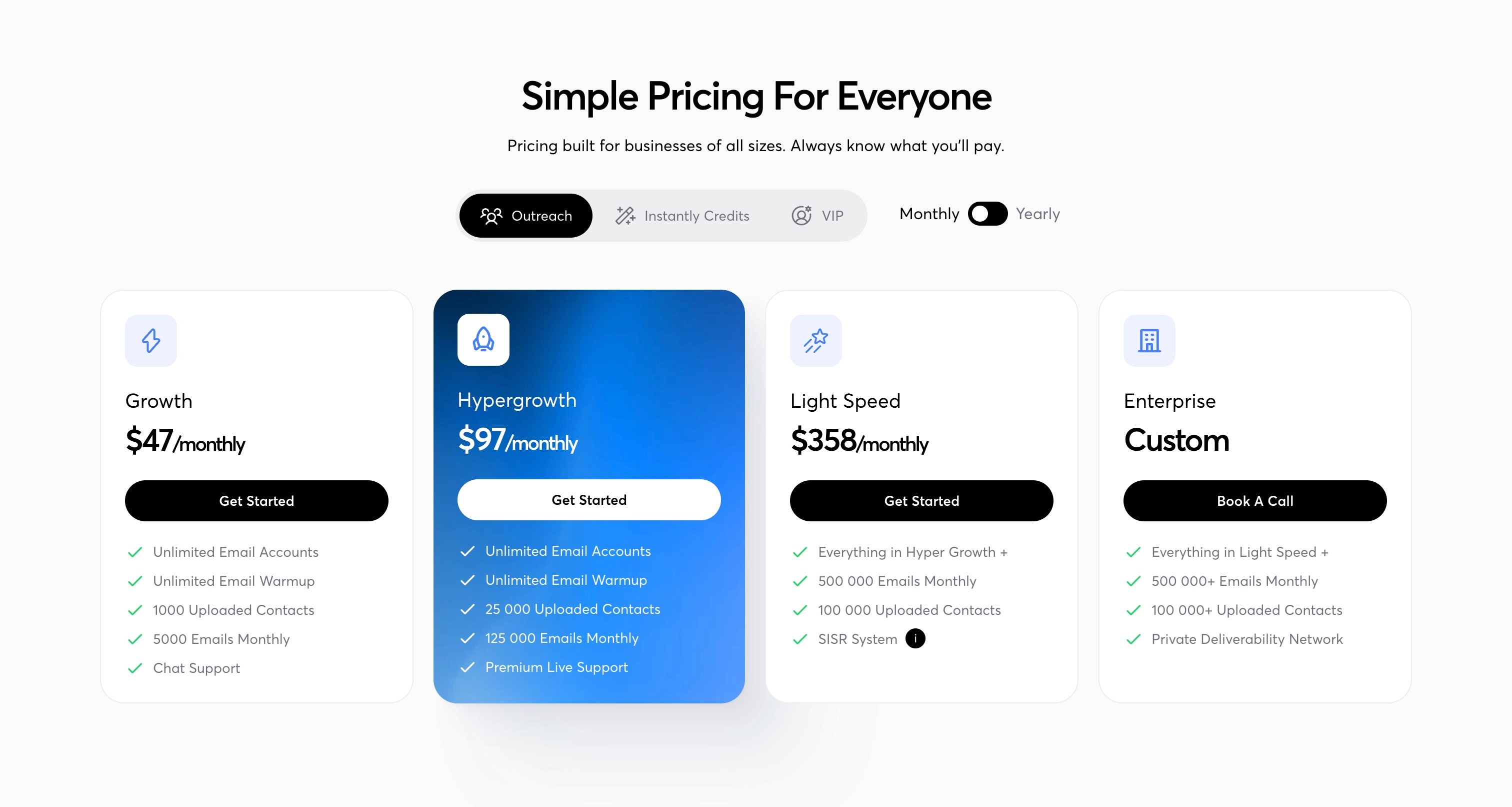 Instantly pricing page 2026 showing Growth, Hypergrowth and Light Speed sending plans with limits.