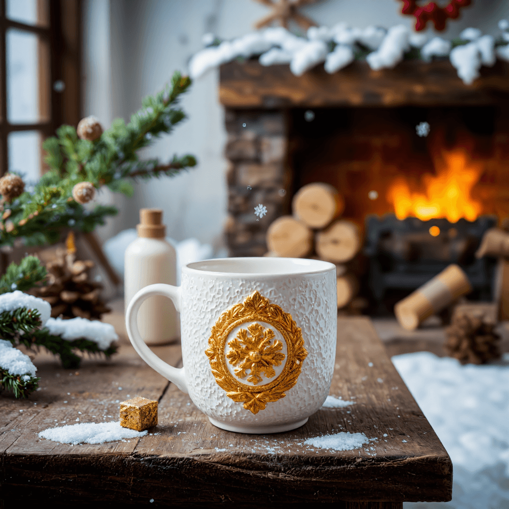 product photography of a decorative ceramic mug with a textured surface and a gold emblem