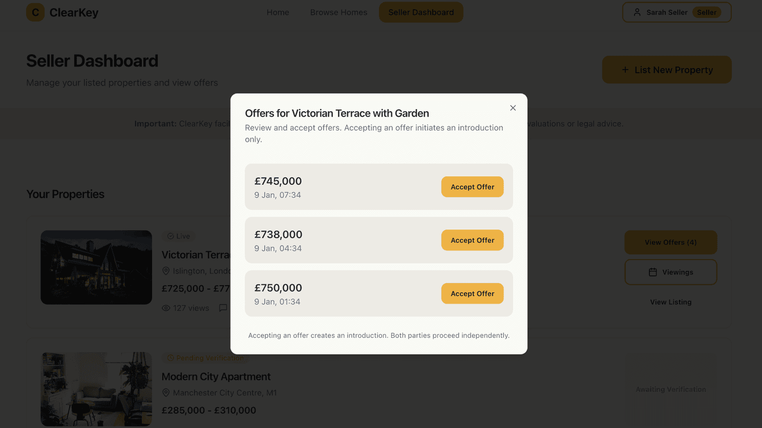 Clearkey offers for a sellers house, display page