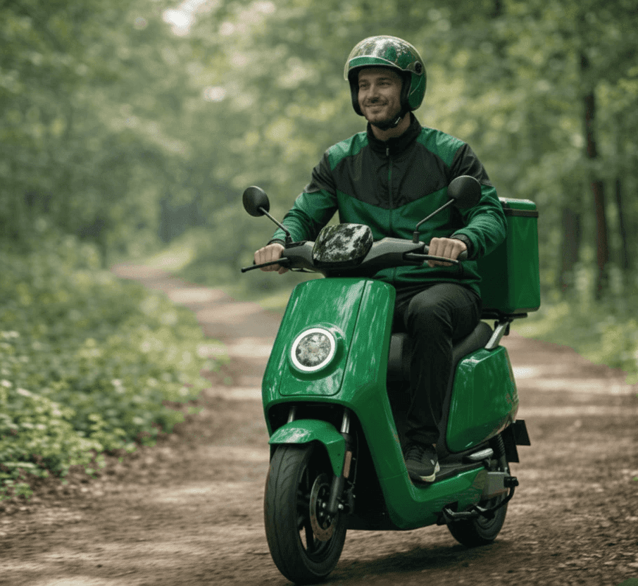 Yuvwaa Electric delivery rider on a green scooter, symbolizing eco-friendly transportation.