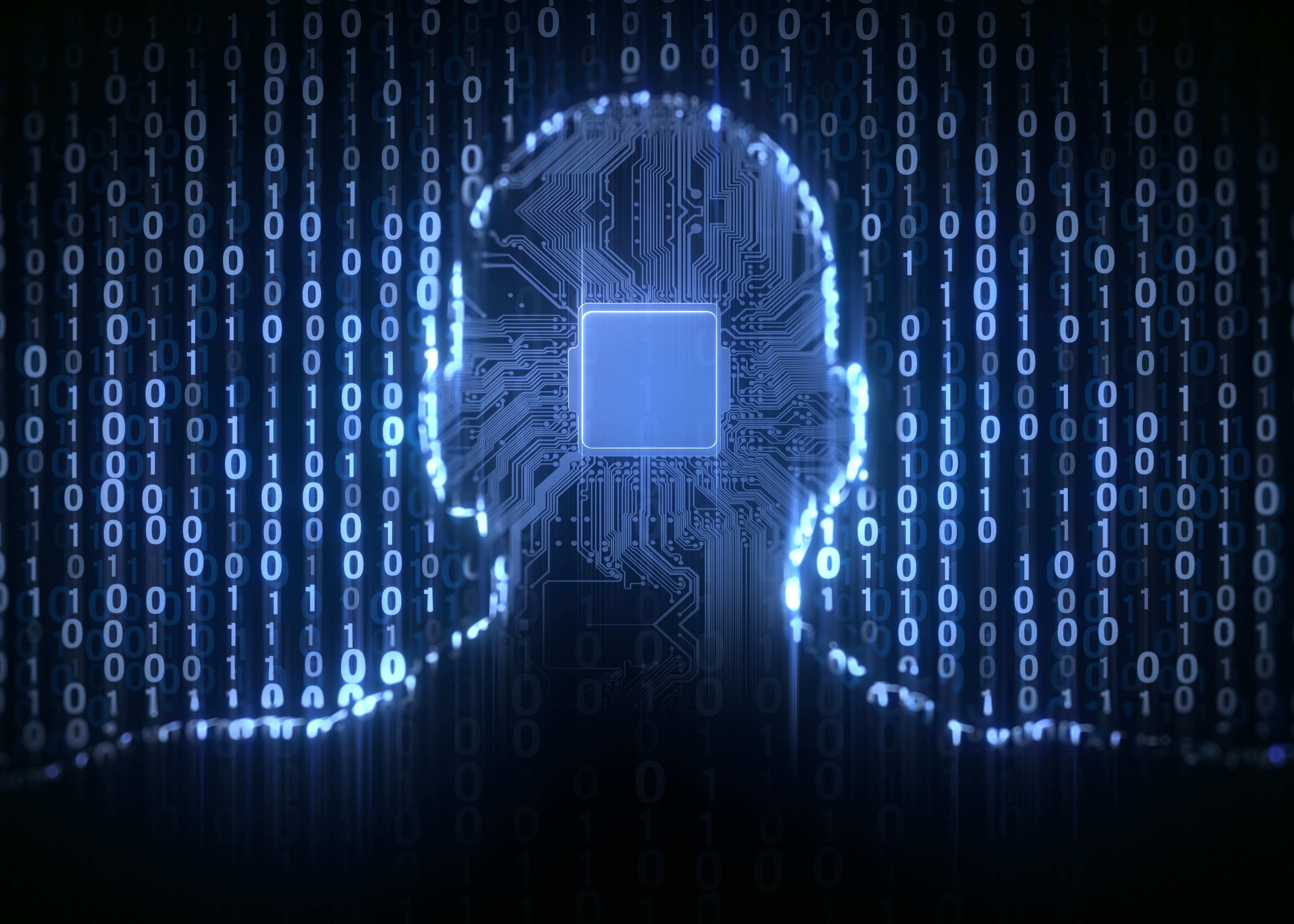 Digital human head silhouette with embedded CPU chip surrounded by binary code, representing artificial intelligence, machine learning, and the integration of technology with human cognition.