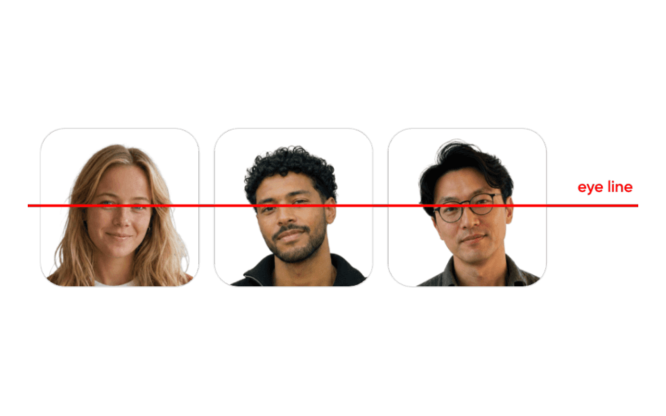 Three portraits with a red line through the eyes at the same height