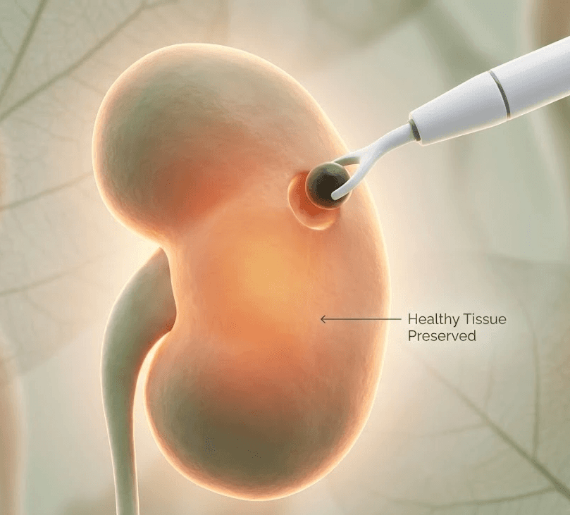 3D model showing the removal of a tumor while saving healthy kidney tissue.