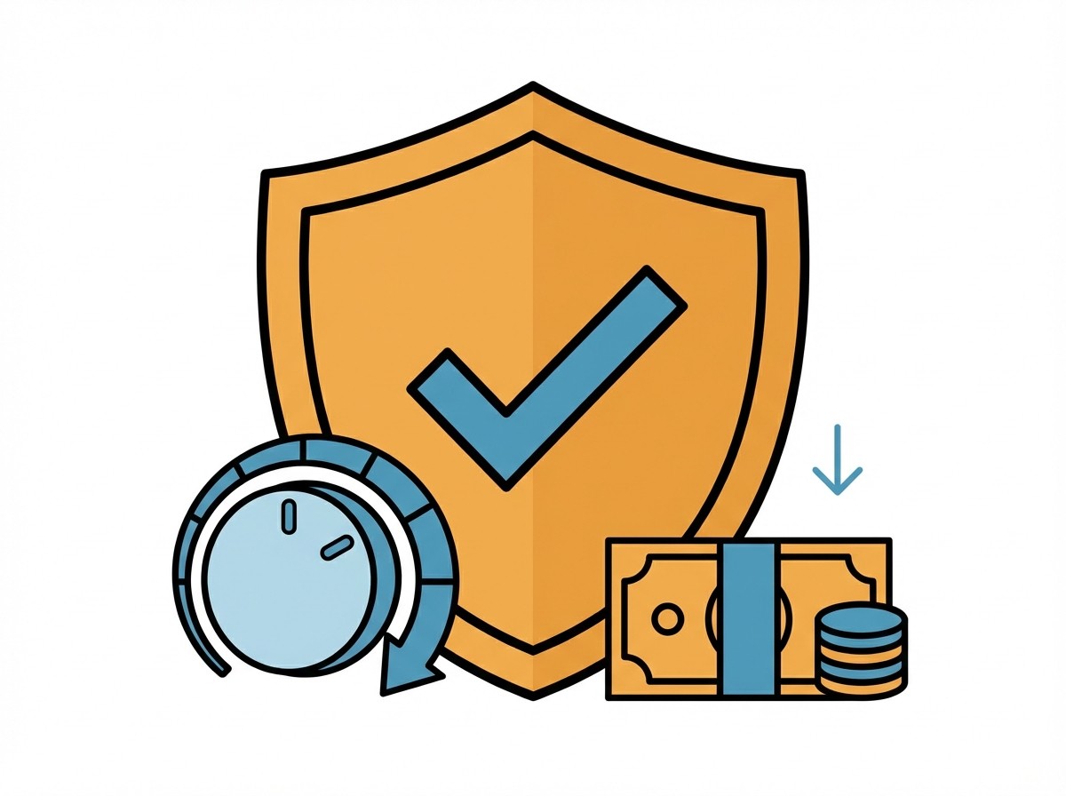 Grafik: Schild, Tacho und Geld symbolisieren Sicherheit, Schnelligkeit und Kostenersparnis.