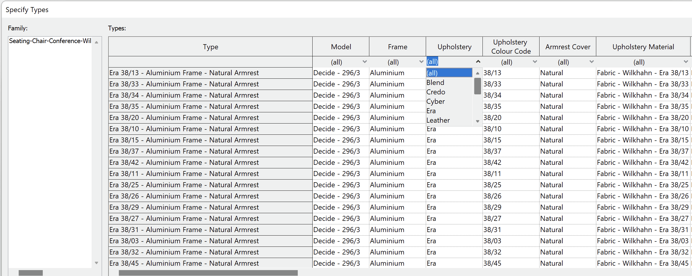 Filter types by upholstery material group.