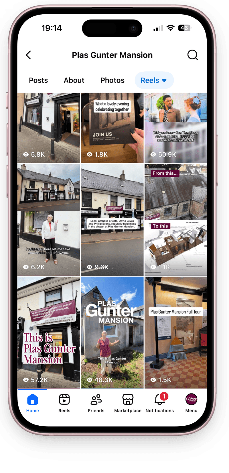 Phone with a screenshot of the Plas Gunter Mansion Facebook page.