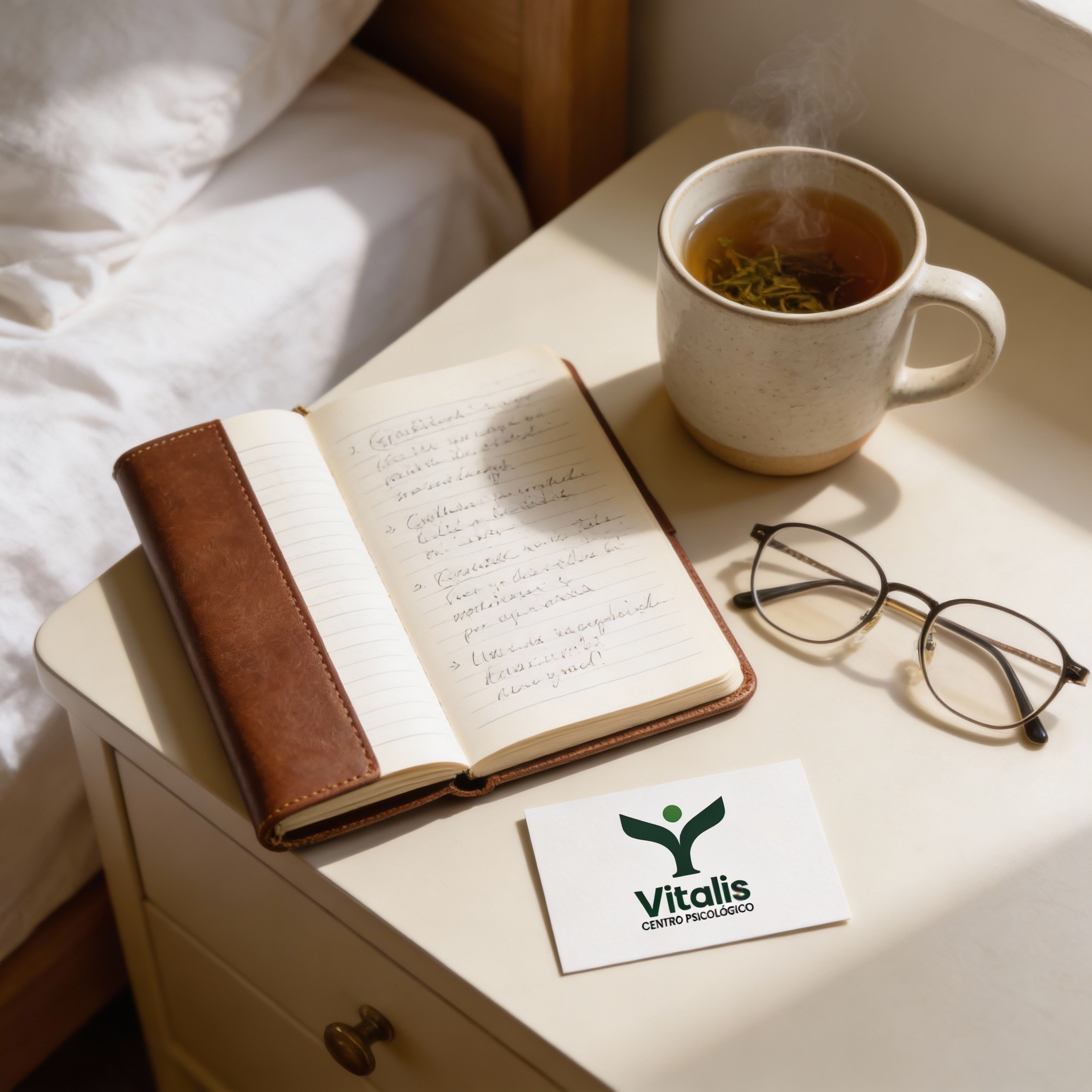 Diario de gratitud y tarjeta de Centro Vitalis en mesa de noche.
