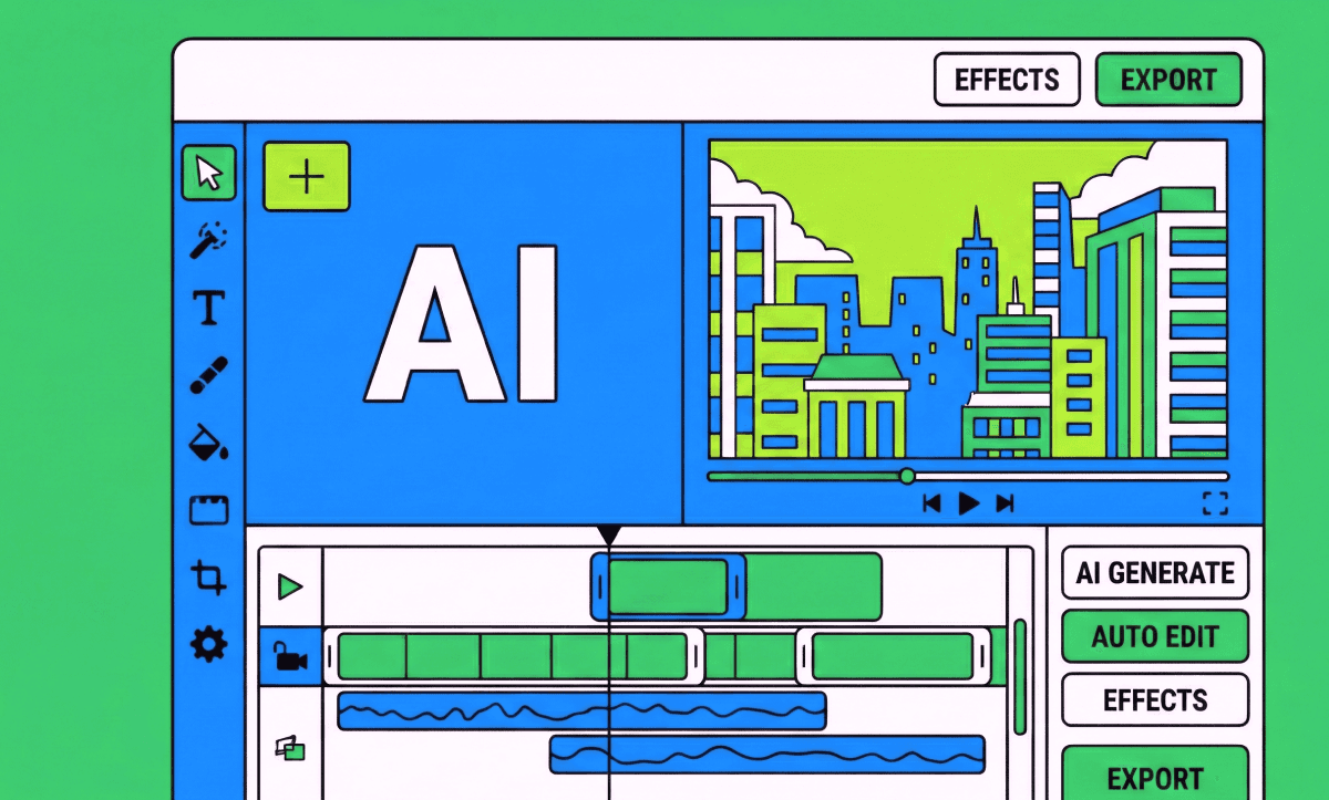 AI-assisted video editor interface showing a timeline, preview window, and export options.