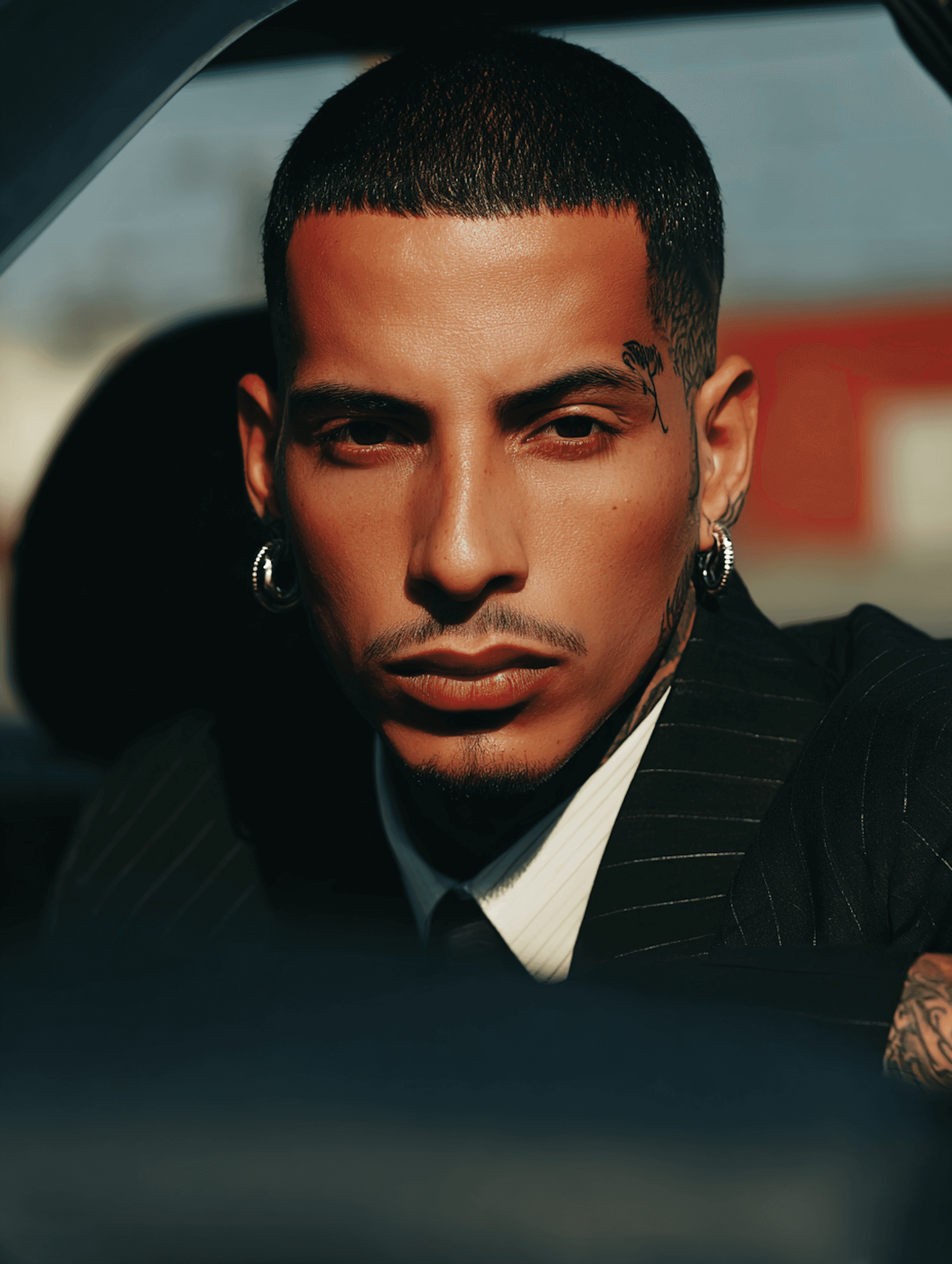 A man with short hair and facial tattoos, wearing hoop earrings and a pinstripe suit, looks seriously at the camera while sitting in a dimly lit car.