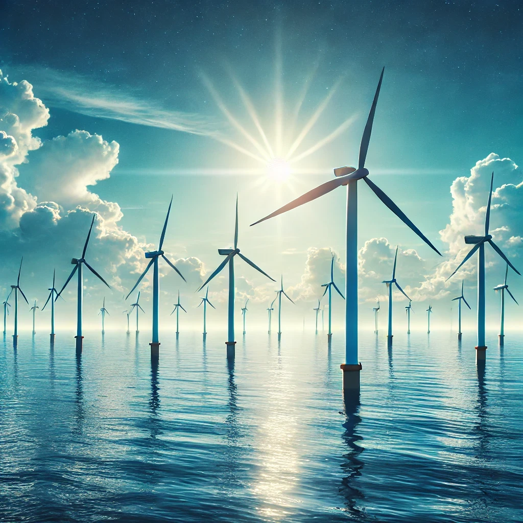  A symbolic image of renewable energy with a wind farm offshore under a clear blue sky. The scene emphasizes Seavium's commitment to carbon removal and its role in building a sustainable future