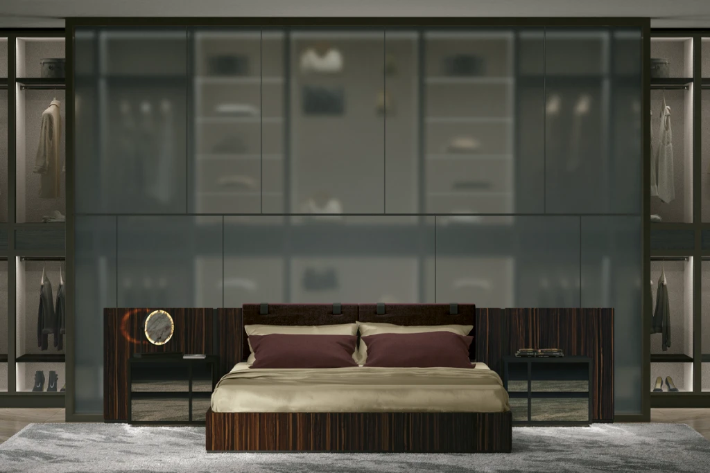 Frontal view bed with wooden structure and leather inserts