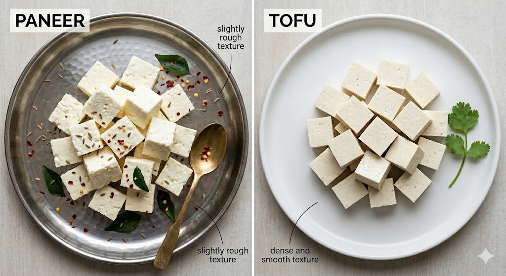 A side-by-side visual comparison of paneer and tofu cubes. The left side shows paneer with cumin seeds, chili flakes, curry leaves, and a gold spoon on an Indian thali metal plate, labeled 'slightly rough texture'. The right side shows tofu with a sprig of cilantro on a white ceramic plate, labeled 'dense and smooth texture'. This infographic highlights the culinary uses and distinct textures of paneer and tofu.