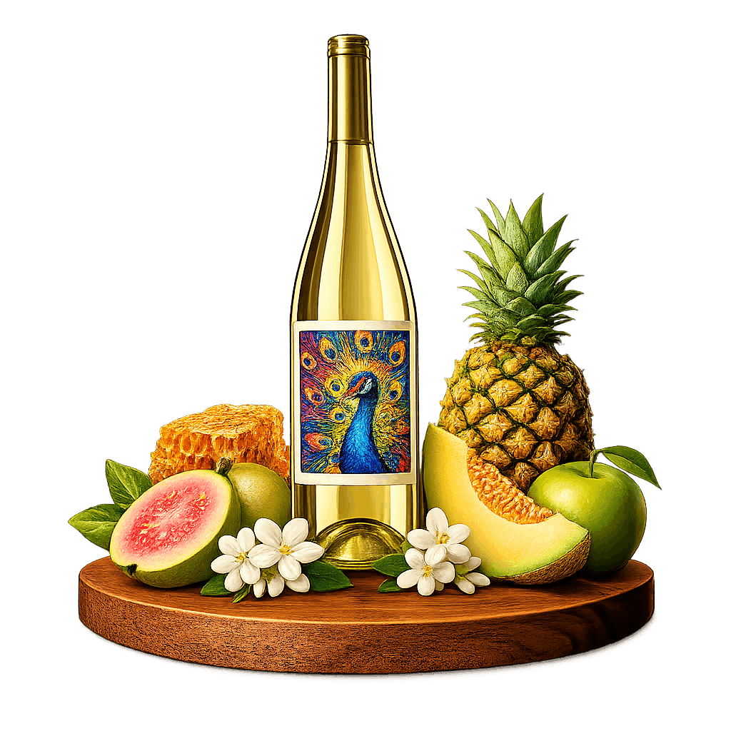 Artistic label and flavor profile for Nashik Chenin Blanc on a rustic wooden table.