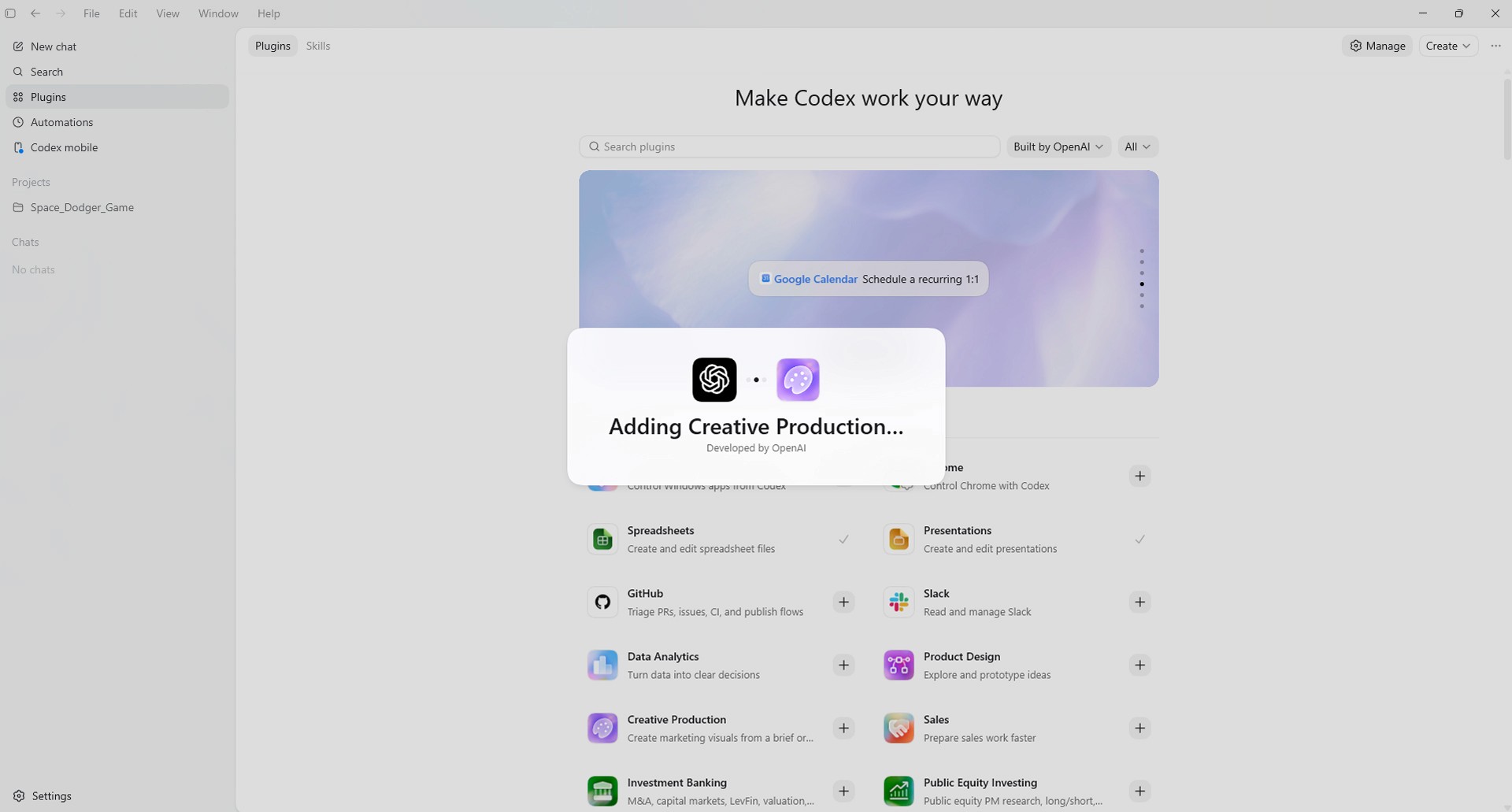 Image caption: Install the Creative Production plugin from the Codex plugin directory, then start a new thread before beginning the campaign workflow.