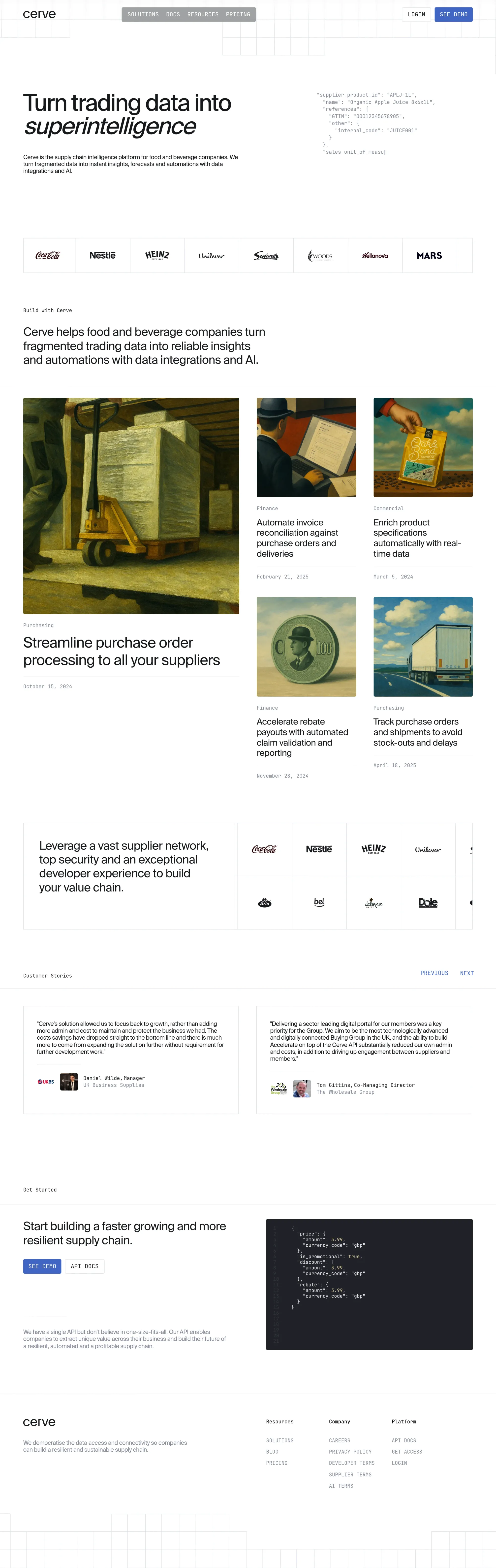 Cerve landing page screenshot showcasing AI and Food & Drinks design