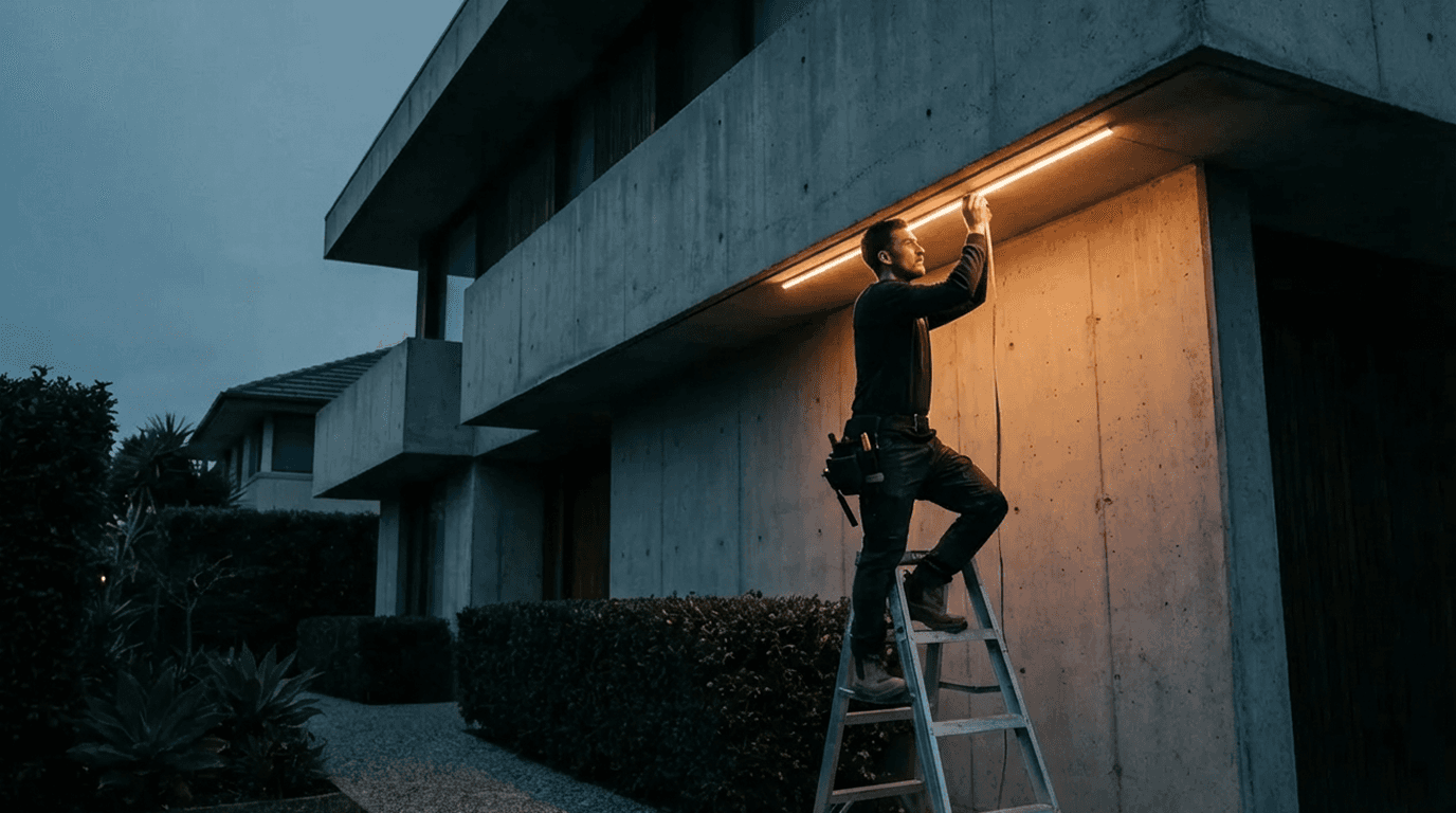 Technician installing perminent lighting on a modern brutalist home