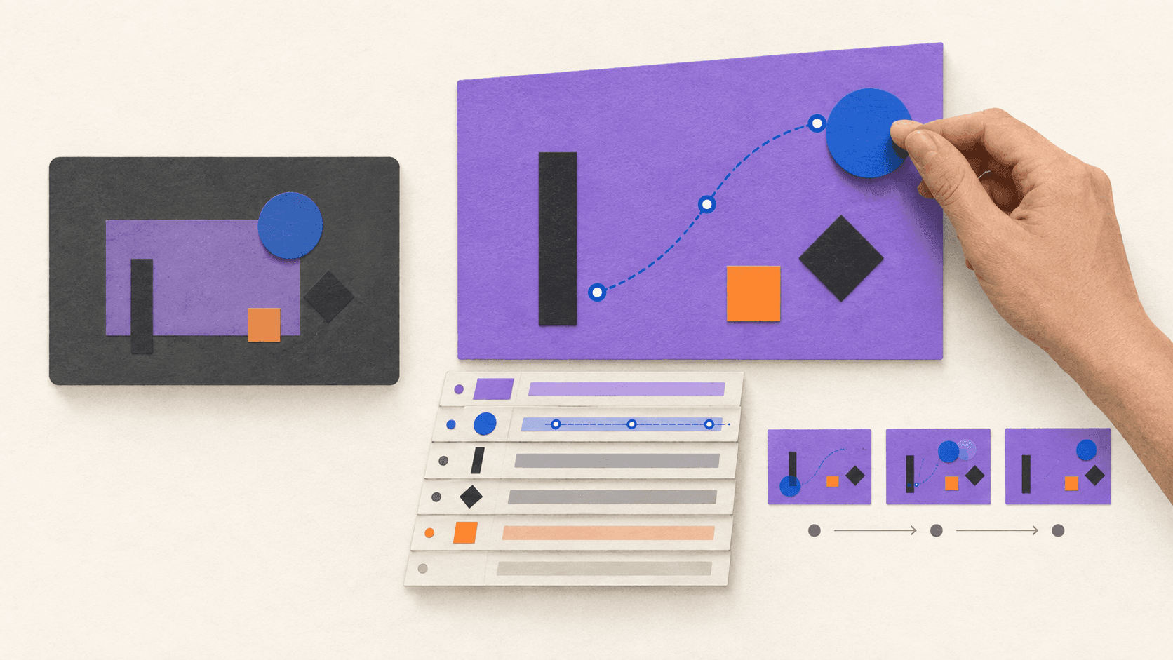 A hand adjusts a blue motion element in an editable After Effects composition, with timeline layers and three preview frames.