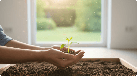hands holding a small plant symbolizing natural healing and balance