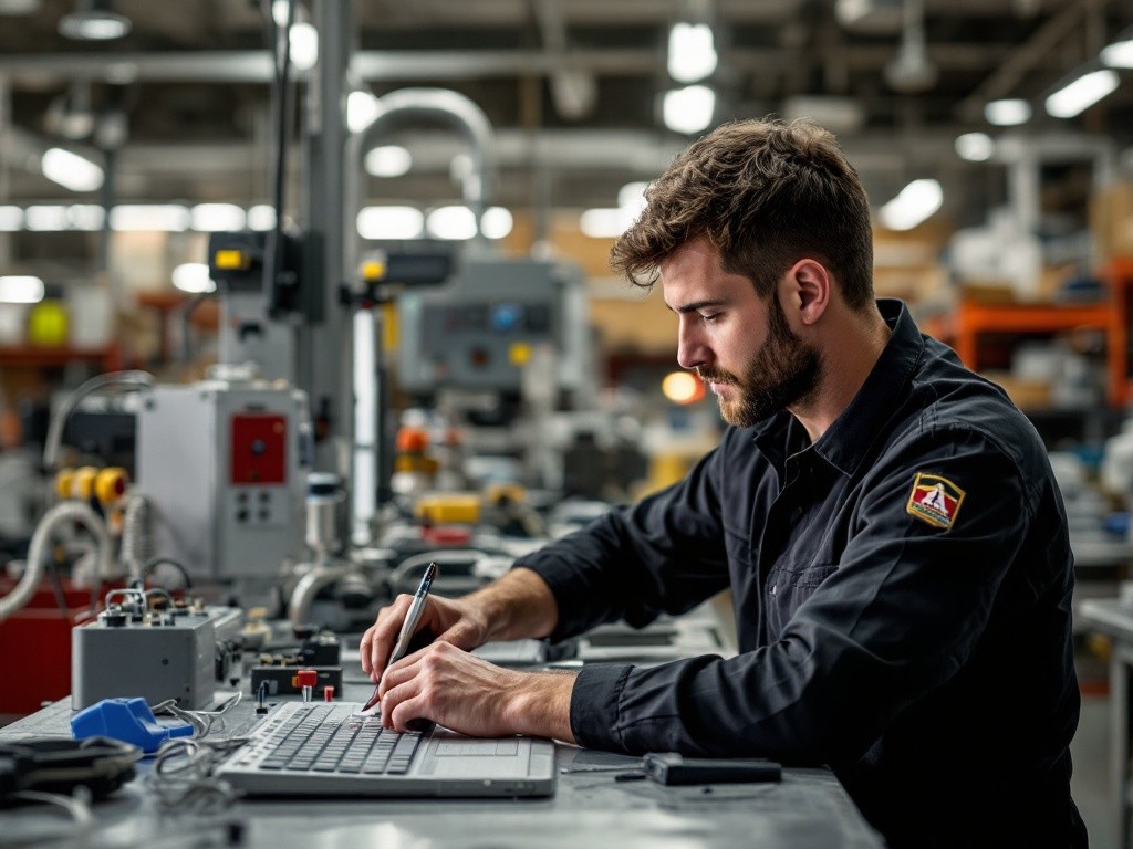 A man is working on a laptop in a factory.
