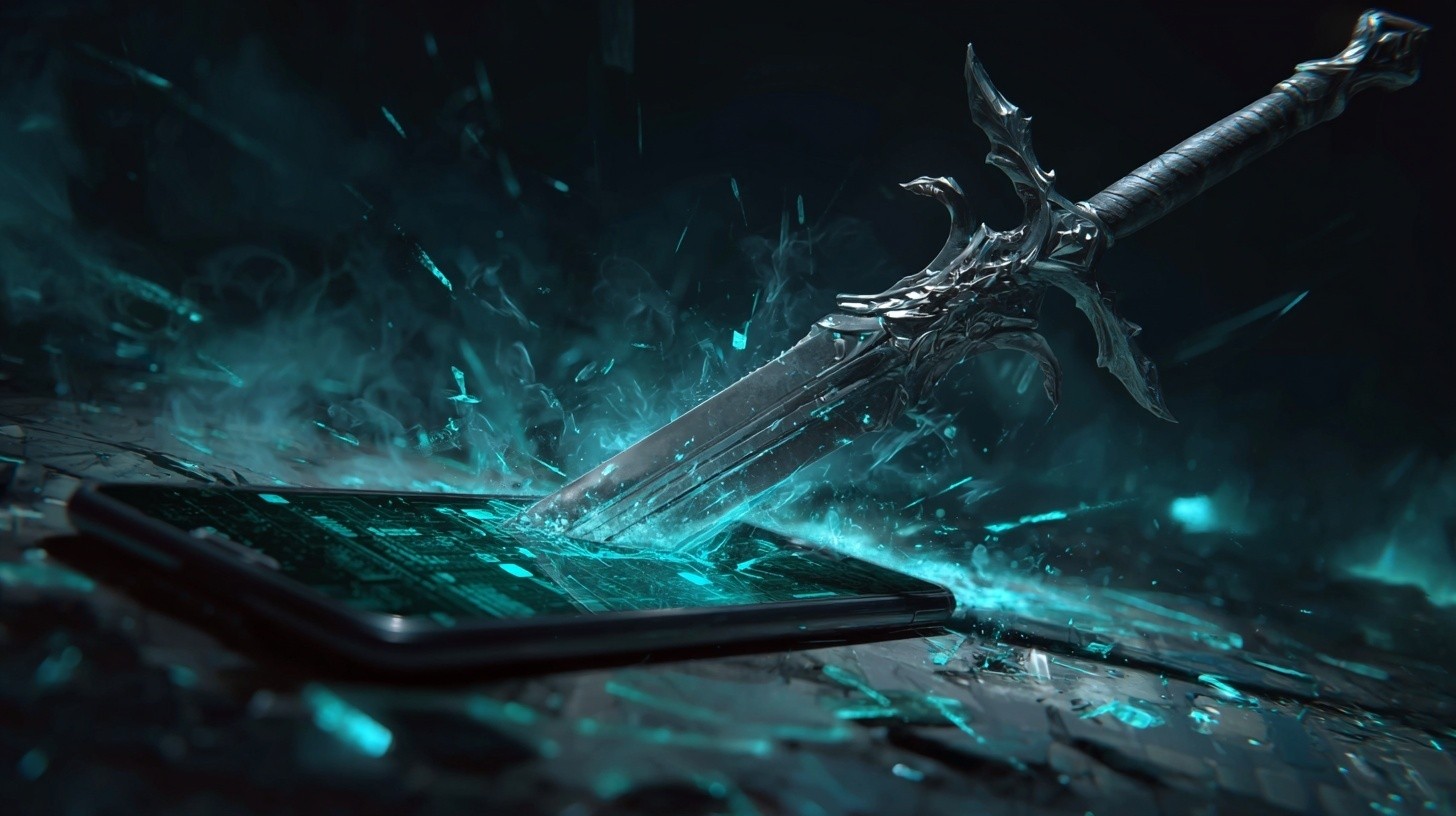 a sword piecing through a mobile phone