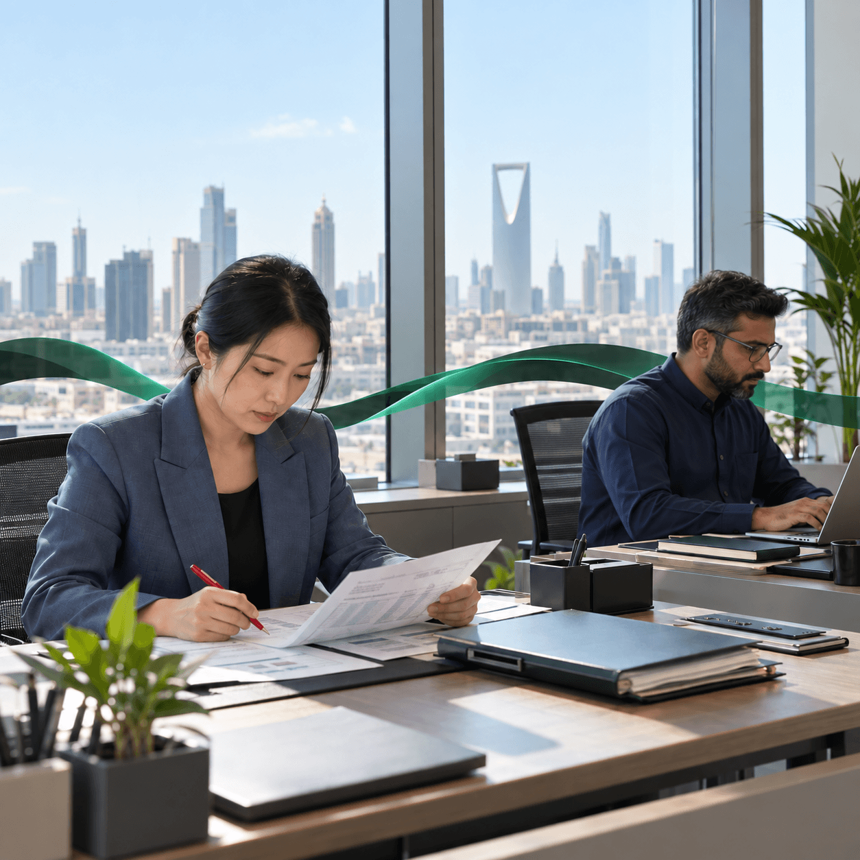 Accounting professionals review financial records in a Riyadh office.