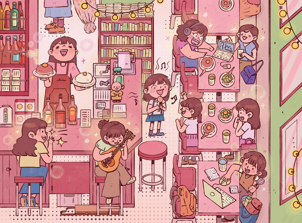 Young woman in colorful robe reads a book.