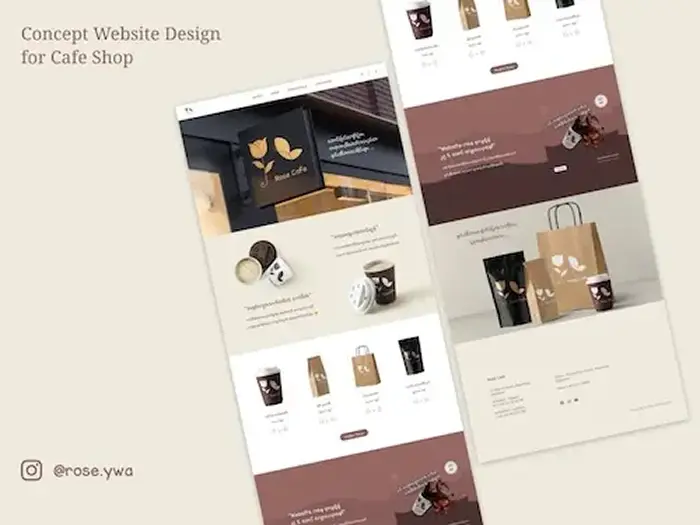 Rose Cafe Web Design and Branding - Minimalist UI/UX project in Myanmar by Ye Win Aung.