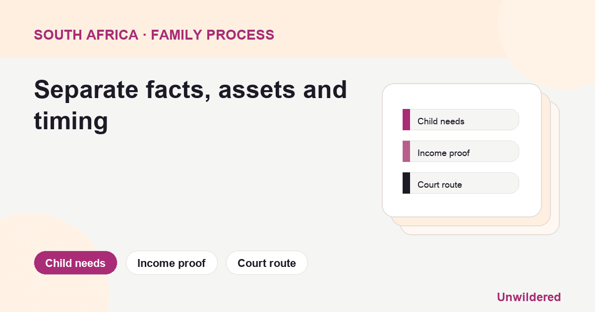 Process diagram for South Africa Maintenance Court Form: Child needs, Income proof, Court route.