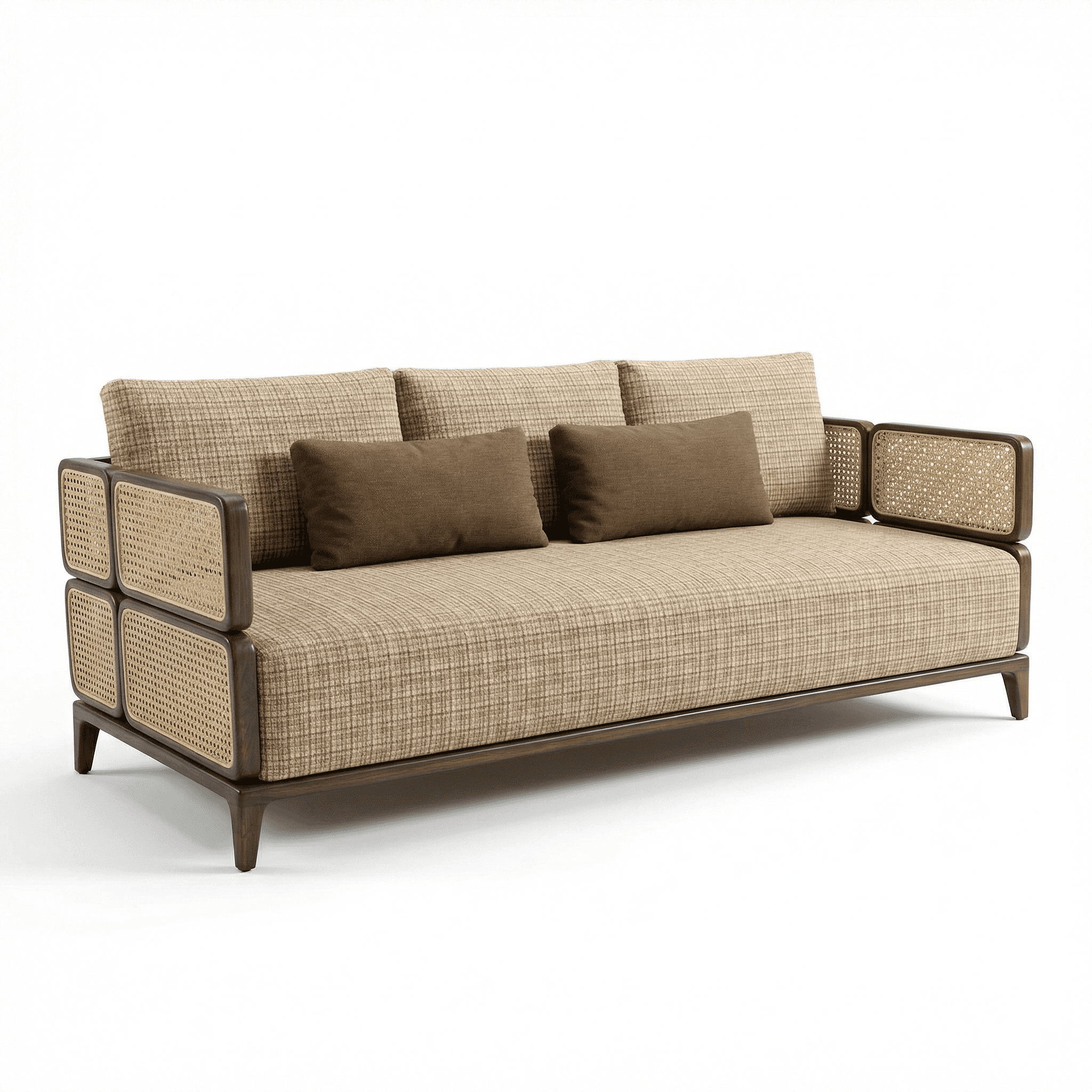Boxy fabric seating with woven cane side panels and layered cushion arrangement