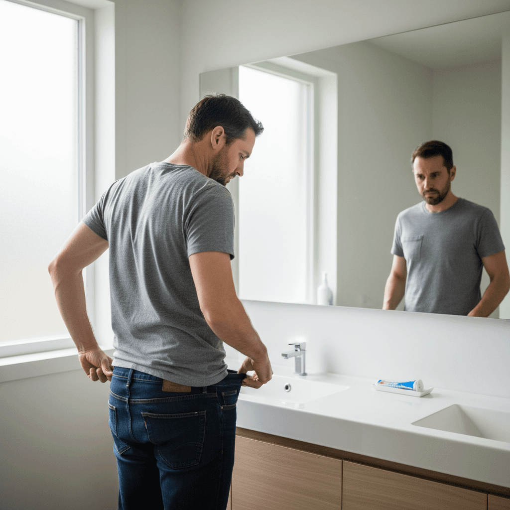 A man in his late 30s with a clean-cut appearance standing in front of a mirror, gently holding the waistband of his jeans or trousers, showing disappointment or mild frustration at unwanted weight gain, especially around the midsection. The image should convey a sense of a body change despite his best efforts.