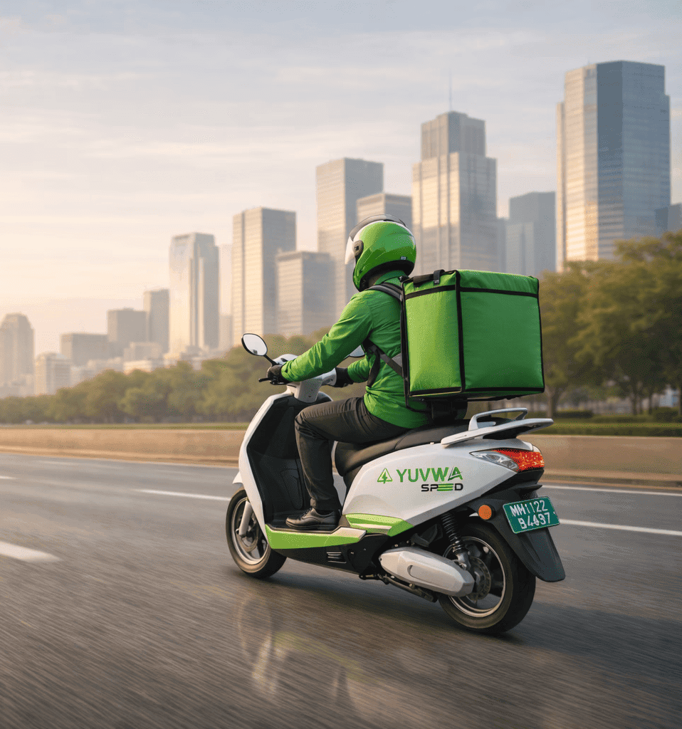 Yuvwaa Green electric delivery scooter on city road for sustainable last-mile delivery.