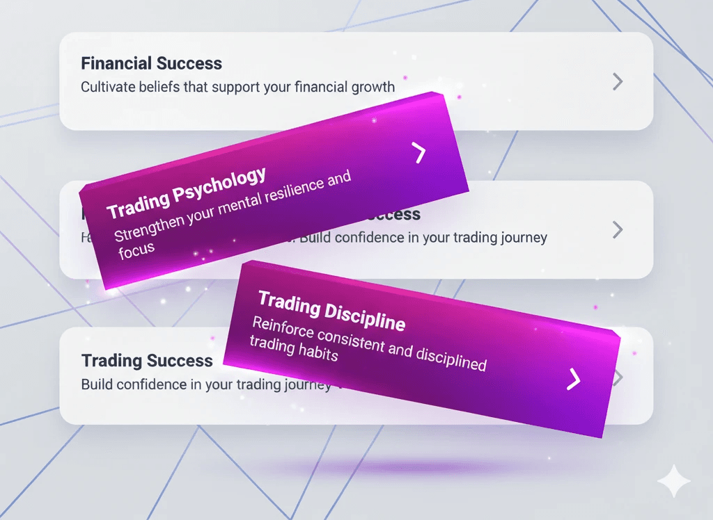 Screenshot of the TradeStats 'Guided Affirmations' feature, showing three selectable affirmations: Financial Success, Trading Psychology, and Trading Discipline.