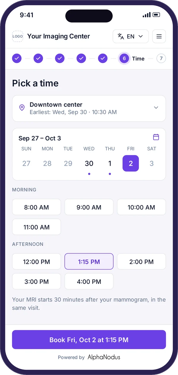 Gravity Visit on a phone: picking a time, with the earliest slot at the nearest location and a time grid