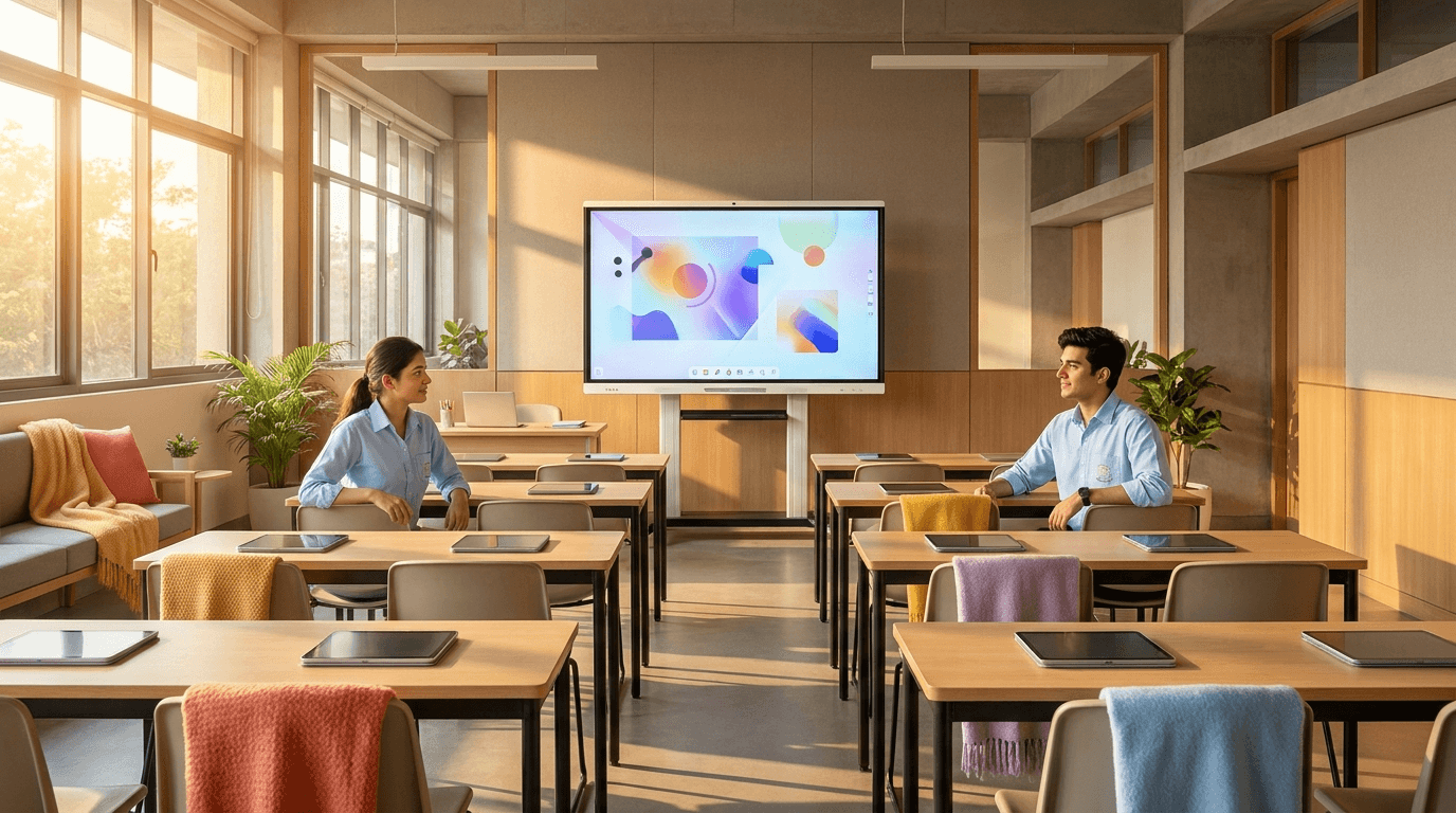 A modern NCFE classroom equipped with a smart board and tablets